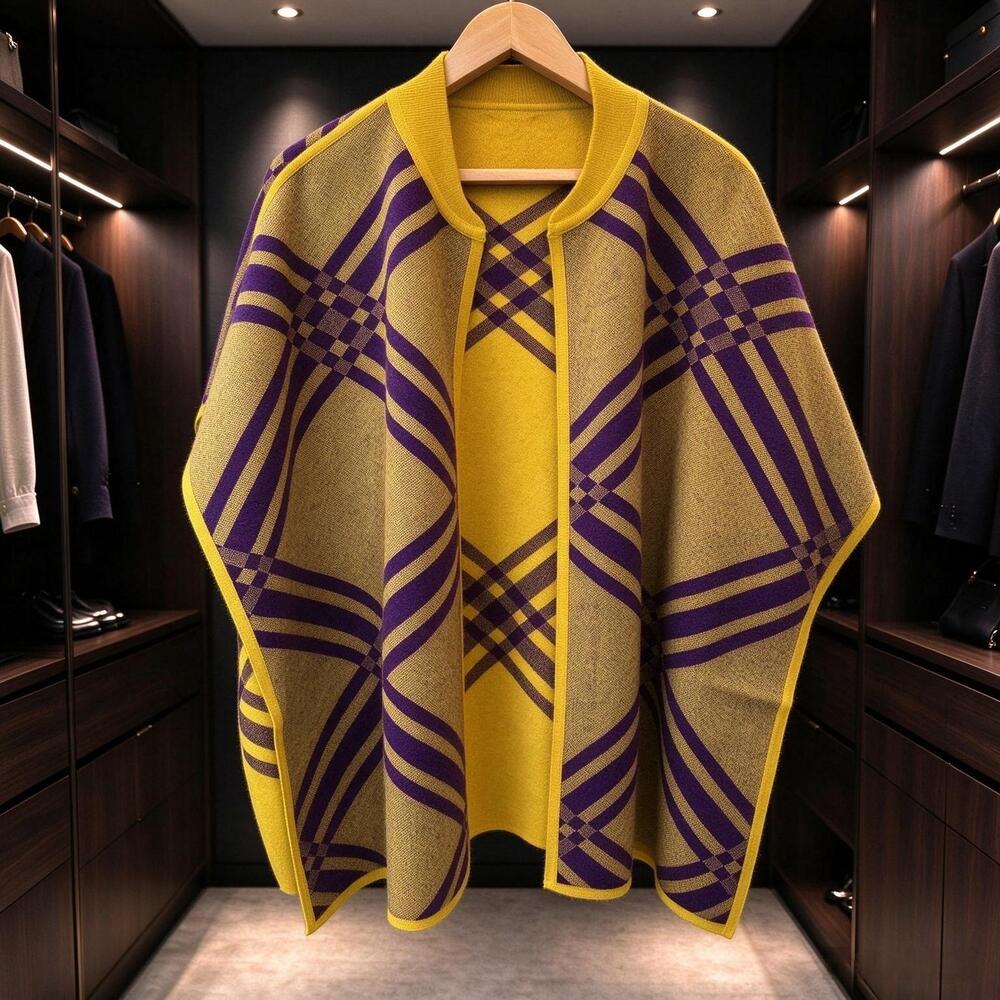 Burberry Reversible Yellow Purple Plaid Stand Collar Knit Cape Poncho